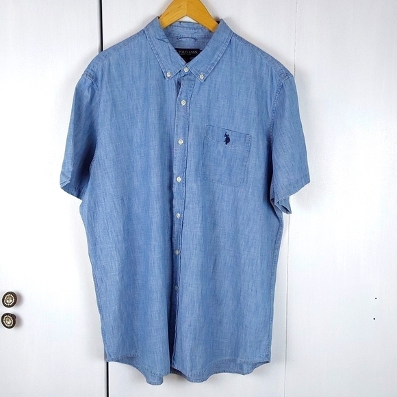 US Polo Association Mens Blue Chambray Short sleeve Button down Blue PONY Sz.XL - Picture 1 of 9